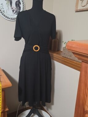 Black Midi Wrap Dress with Accent Buckle